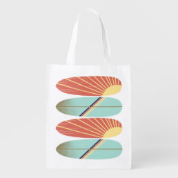 Cool retro red and blue surfboard grocery bag