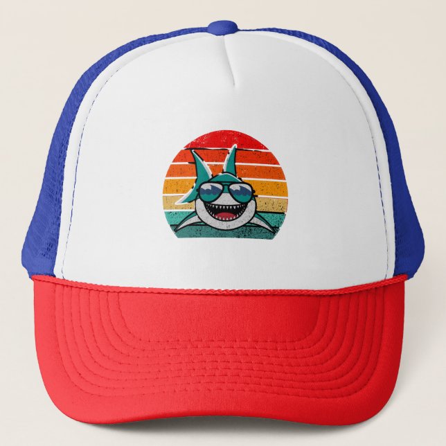 Cool Retro Shark in Sunglasses 70s 80s 90s Funny  Trucker Hat (Front)