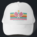 Cool Retro Stripes Custom Text Pickleball Player Trucker Hat<br><div class="desc">Super cool pickleball hat featuring colorful retro stripes, pickleball paddles and ball. Add 2 lines of custom text - custom saying, club name, monogram, player name, etc. Makes a perfect pickleball gift for pickleball partner, coach, mom, grandma, etc. - also great hats for your club. (easily change the colors of...</div>