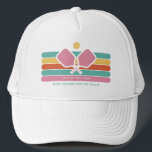 Cool Retro Stripes Custom Text Pickleball Player Trucker Hat<br><div class="desc">Super cool pickleball hat featuring colorful retro stripes, pickleball paddles and ball. Add 2 lines of custom text - custom saying, club name, monogram, player name, etc. Makes a perfect pickleball gift for pickleball partner, coach, mom, grandma, etc. - also great hats for your club. (easily change the colors of...</div>