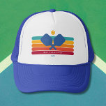 Cool Retro Stripes Custom Text Pickleball Player Trucker Hat<br><div class="desc">Super cool pickleball hat featuring colorful retro stripes,  pickleball paddles and ball.  Add 2 lines of custom text - custom saying,  club name,  monogram,  etc. Makes a perfect pickleball gift for pickleball partner,  coach - also great hats for your club. (easily change the colors of the stripes)</div>