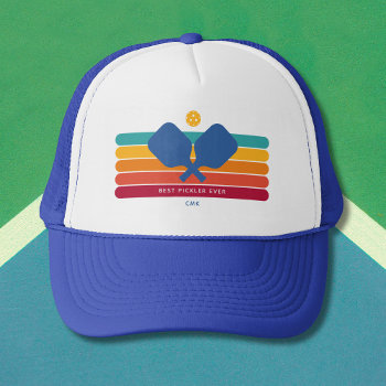 Cool Retro Stripes Custom Text Pickleball Player Trucker Hat by colorfulgalshop at Zazzle