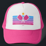 Cool Retro Stripes Custom Text Pickleball Player Trucker Hat<br><div class="desc">Super cool pickleball hat featuring colorful retro stripes, pickleball paddles and ball. Add 2 lines of custom text - custom saying, club name, monogram, player name, etc. Makes a perfect pickleball gift for pickleball partner, coach, mom, grandma, etc. - also great hats for your club. (easily change the colors of...</div>