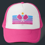 Cool Retro Stripes Custom Text Pickleball Player Trucker Hat<br><div class="desc">Super cool pickleball hat featuring colorful retro stripes, pickleball paddles and ball. Add 2 lines of custom text - custom saying, club name, monogram, player name, etc. Makes a perfect pickleball gift for pickleball partner, coach, mom, grandma, etc. - also great hats for your club. (easily change the colors of...</div>
