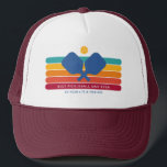 Cool Retro Stripes Custom Text Pickleball Player Trucker Hat<br><div class="desc">Super cool pickleball hat featuring colorful retro stripes, pickleball paddles and ball. Add 2 lines of custom text - custom saying, club name, monogram, etc. Makes a perfect pickleball gift for pickleball dad, mom, partner, coach - also great hats for your club. (easily change the colors of the stripes and...</div>