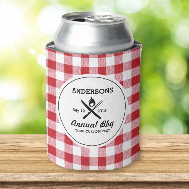 Cool Retro Summer BBQ Grill Utensils Red Check Can Cooler (Creator Uploaded)