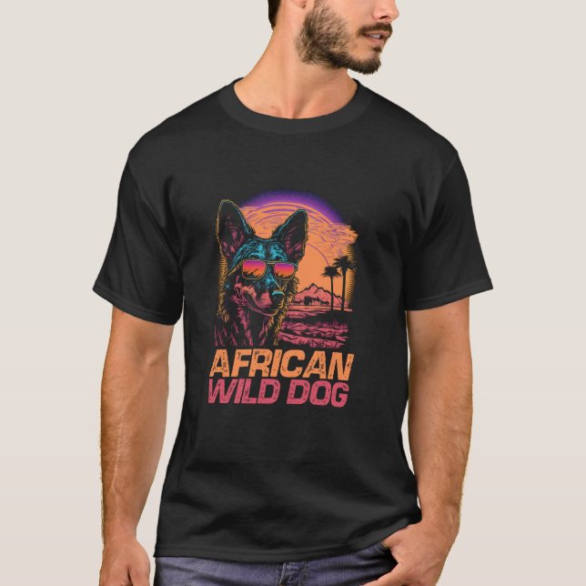 Cool Retro Sunset Sunglasses African Wild Dog T-Shirt (Front)