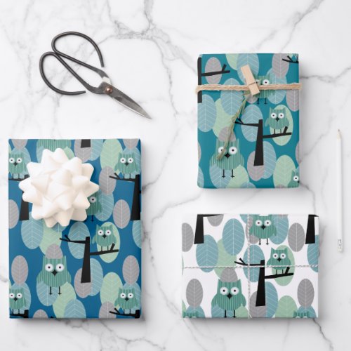 Cool Retro Teal Blue and Gray Woodland Owl Pattern Wrapping Paper Sheets