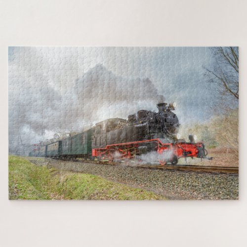 Cool Retro Train Traveling Along The Tracks Jigsaw Puzzle