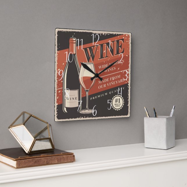cool retro wine home bar square wall clock (Office)