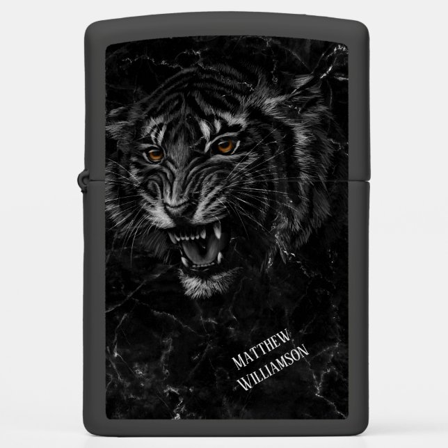Cool Roaring Tiger Black Marble Background Zippo Lighter (Front)