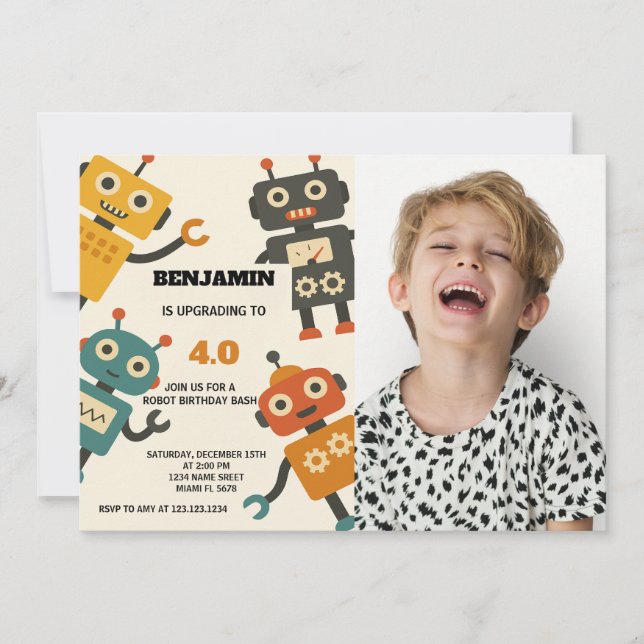 Cool Robot Birthday Invitation with photo (Front)