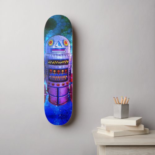 Cool Robot Blue Purple Galaxy Vintage Retro Cute Skateboard