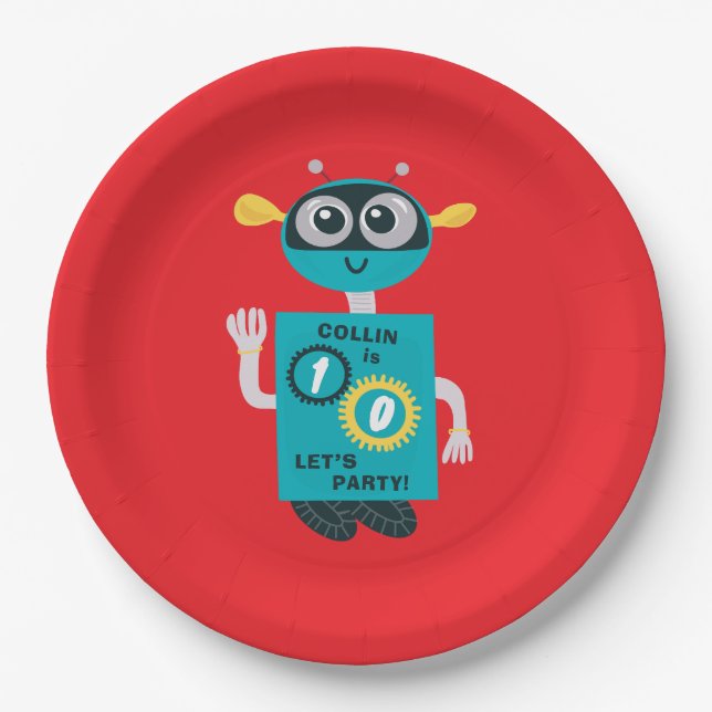 Cool Robot Custom Boys Birthday  Paper Plates (Front)