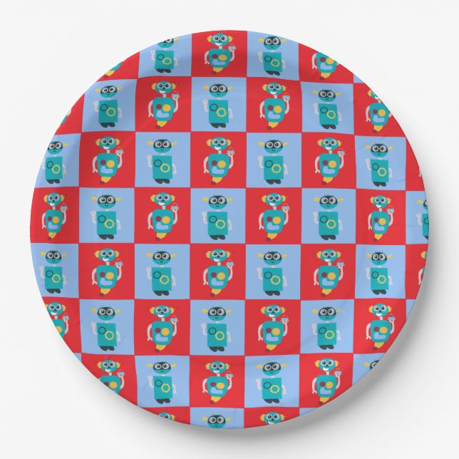 Cool Robot Pattern Boys Birthday Paper Plates (Front)