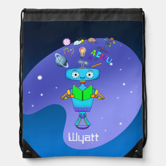Cool Robot Reading & Learn In Galaxy Personalized Drawstring Bag (Front)
