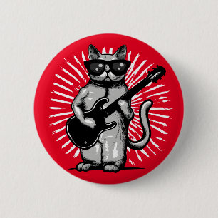 Cool Rock And Roll Cat Playing electric Guitar Button