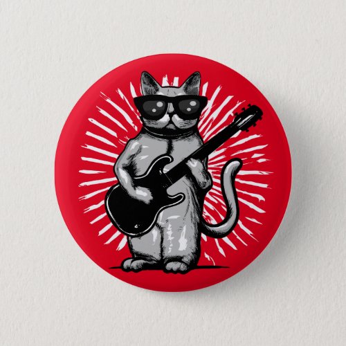 Cool Rock And Roll Cat Playing electric Guitar Button