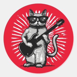 Cool Rock And Roll Cat Playing electric Guitar Classic Round Sticker