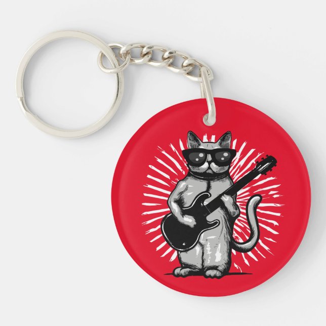 Cool Rock And Roll Cat Playing electric Guitar Keychain (Front)