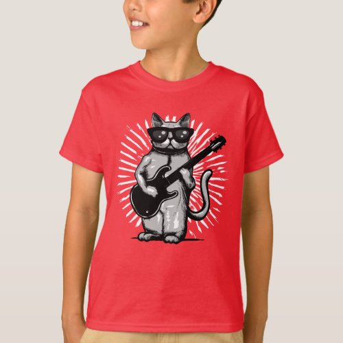 Cool Rock And Roll Cat Playing electric Guitar T_Shirt