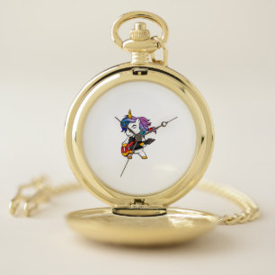 Cool rock and roll unicorn with guitar for rock fa pocket watch