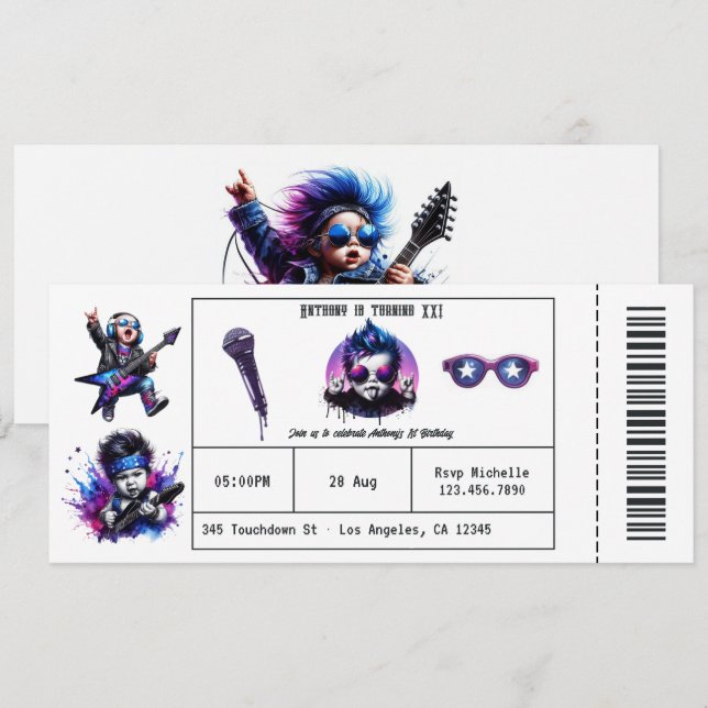 Cool Rock On Music Concert Ticket 1st Birthday Invitation (Front/Back)