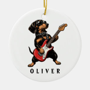 Cool Rocker Dachshund Dog Playing Electric Guitar Ceramic Ornament