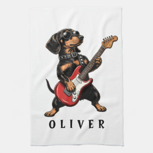 Cool Rocker Dachshund Dog Playing Electric Guitar Kitchen Towel