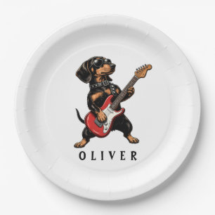 Cool Rocker Dachshund Dog Playing Electric Guitar Paper Plates