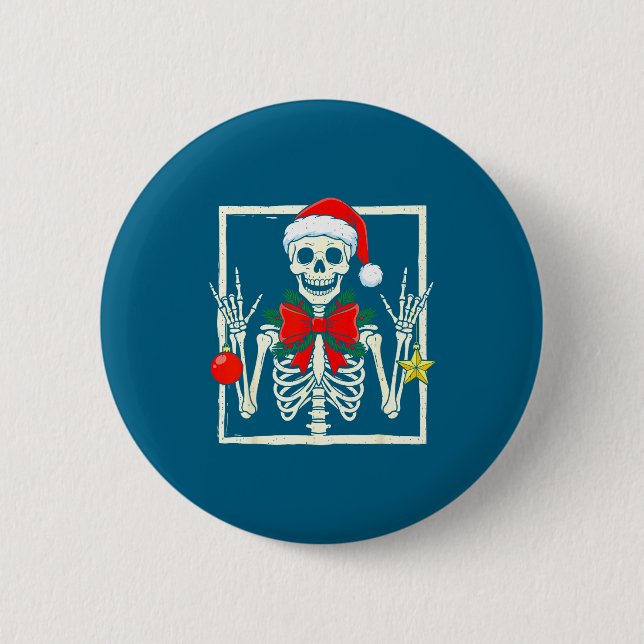 Cool Rocker Skeleton Santa Hat Christmas Punk Rock Button (Front)