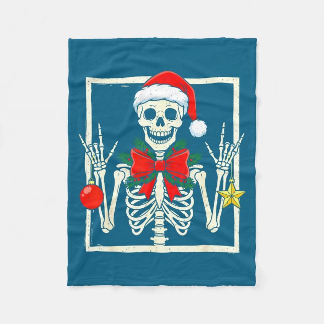 Cool Rocker Skeleton Santa Hat Christmas Punk Rock Fleece Blanket (Front)