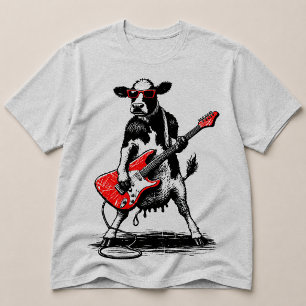 Cool Rockstar Cow Playing Red Electric Guitar T-Shirt