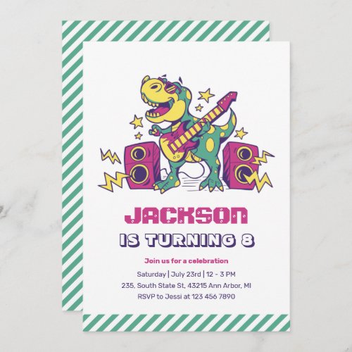 Cool Rockstar T_Rex Dinosaur Kids Birthday Invitation