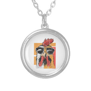 Cool Rooster Wearing Sunglasses Retro Vintage Chic Silver Plated Necklace