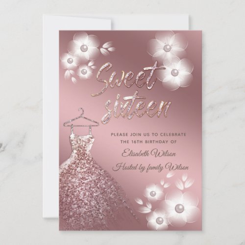 Cool Rose gold dress  pearl floral sweet sixteen Invitation