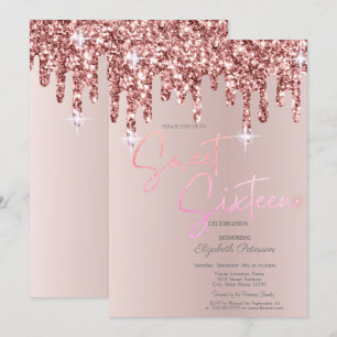 Cool Rose Gold Glitter Drips Blush Pink Sweet 16  Invitation
