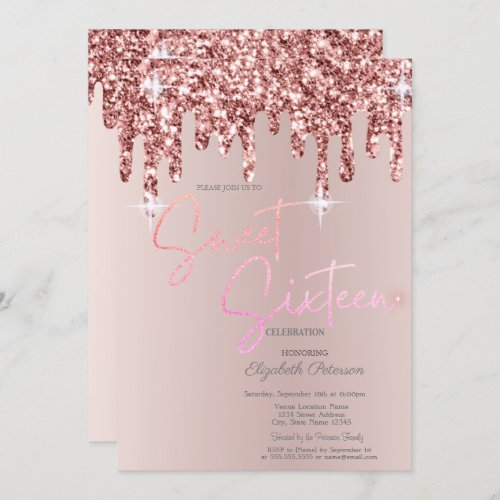 Cool Rose Gold Glitter Drips Blush Pink Sweet 16  Invitation