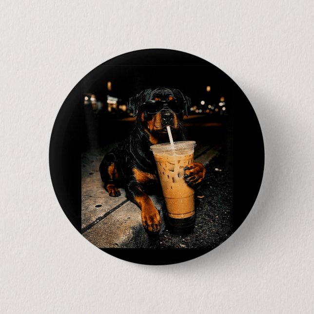 Cool Rottweiler Drinking Iced Coffee Funny Dog Art Button (Front)