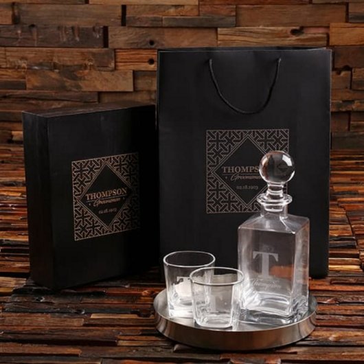 Cool Round Bar Tray with Monogram Whiskey Decanter (Front)