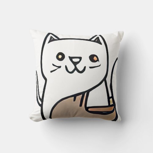 Cool Round_Eared Brown_Grey_White Cat Cartoon Thro Throw Pillow