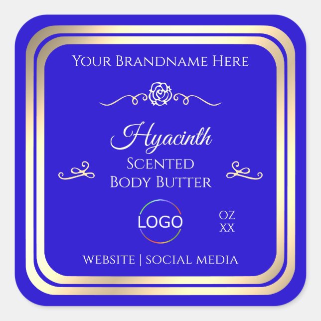 Cool Royal Blue Product Label Gold Frame with Logo (Front)