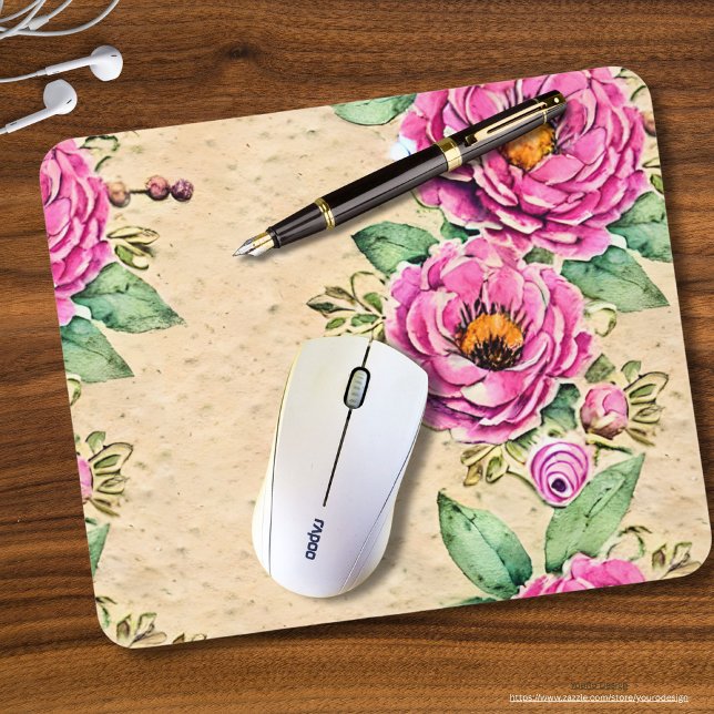 Cool rustic background Pink flowers Watercolor Mouse Pad (Creator Uploaded)