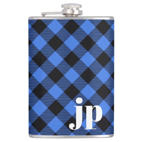 Cool Rustic Blue Black Buffalo Plaid Name Flask