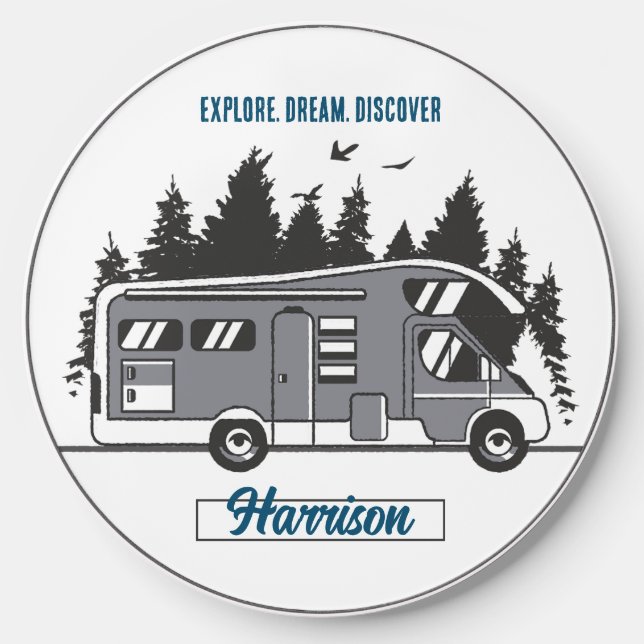 Cool Rustic Camping RV Road Trip Family Adventure Wireless Charger (Front)