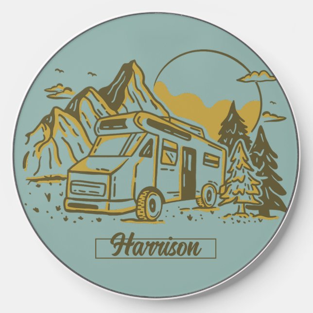 Cool Rustic Camping RV Road Trip Mountain and Tree Wireless Charger (Front)