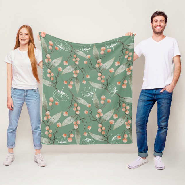 Cool sage green Trendy background floral for her Fleece Blanket (In Situ)
