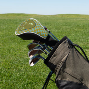 Cool Sage & Olive Green Checkered Monogram Golf Head Cover