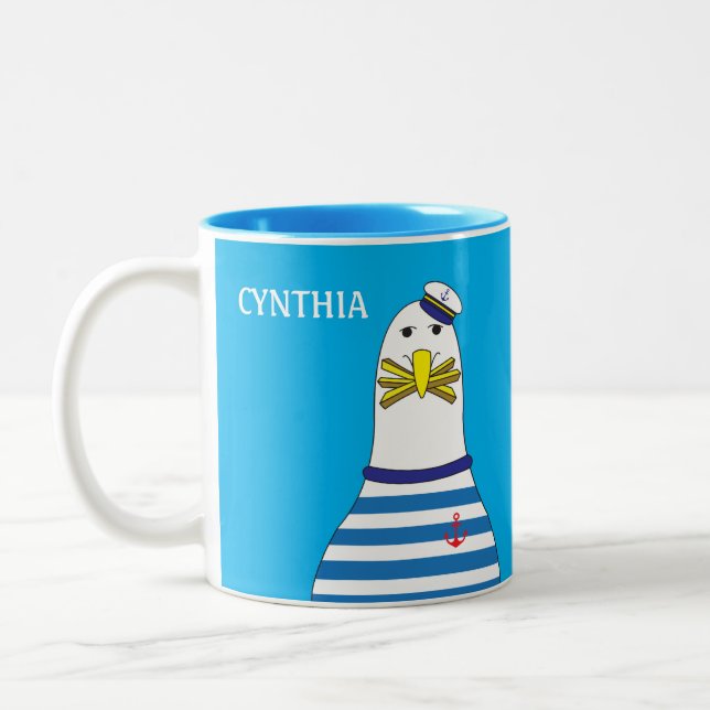 Cool Sailor Seagull Bird Eating Chips Yacht Two-Tone Coffee Mug (Left)