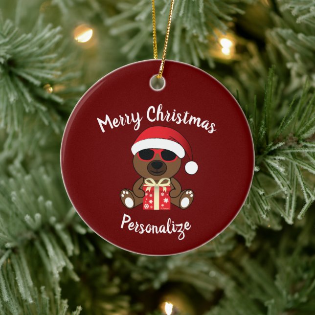 Cool Santa Bear Christmas gift Red Personalize Ceramic Ornament (Tree)